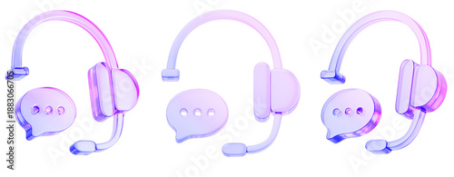 Customer service, call center, phone support. Render 3d set of glass holographic headphones with speech bubble chat icon. AI agent or hotline helpdesk operator headset with message