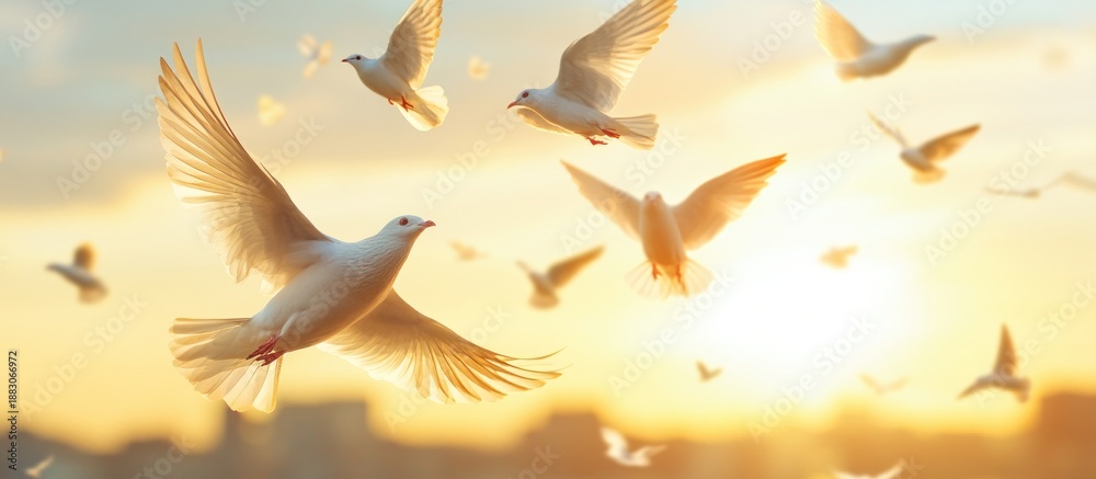 Fototapeta premium White doves fly sunset city hope peace