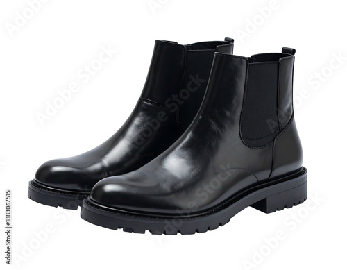 Polished black leather Chelsea boots with chunky lug sole