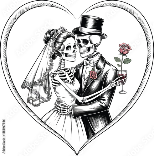 Skeleton wedding couple illustration with romantic gothic love concept art