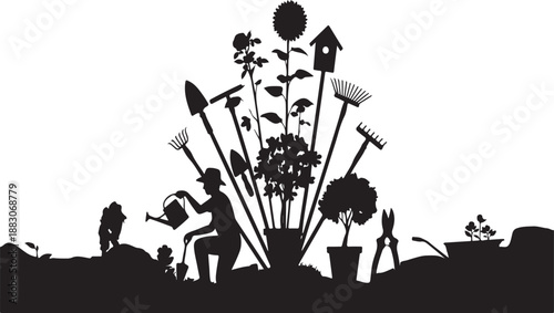 A serene silhouette scene of active gardeners tending to vibrant plants and essential tools