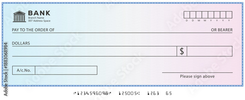 Bank check, vector blank money cheque, checkbook template with guilloche pattern and fields. Currency payment coupon, money check background