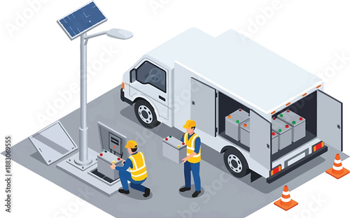 Workers in yellow vests and hard hats near white truck with solar panel street light