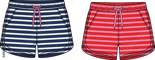 Striped shorts pair, navy and red with drawstrings and pockets, casual fashion icons for summer wear, flat vector illustration