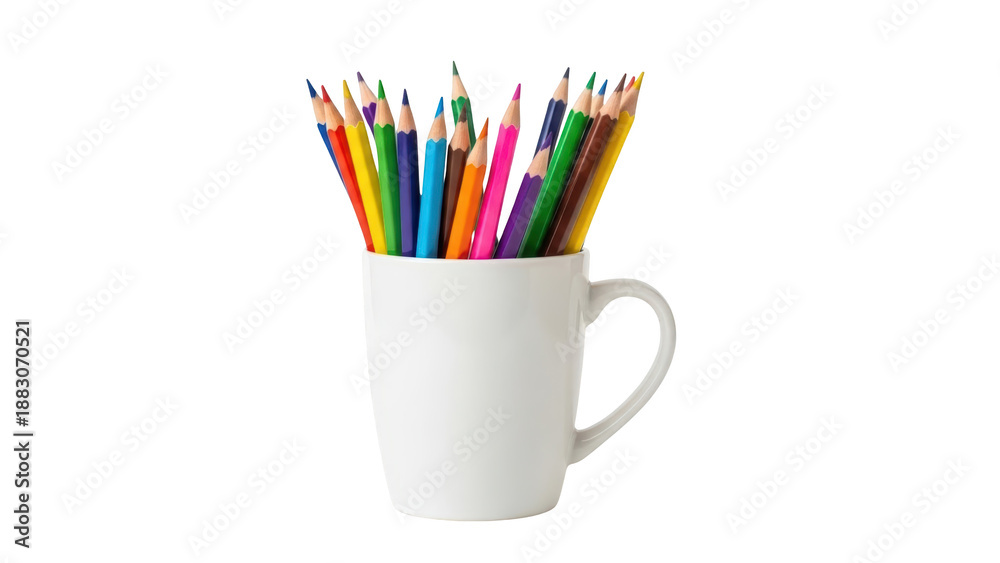 Fototapeta premium A white mug filled with colorful pencils on a white background.