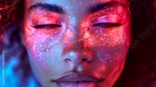 Close-up portrait of a woman with glitter makeup in neon lights.