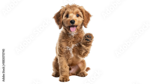 Adorable Goldendoodle puppy sitting with paw raised on white background.