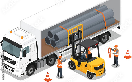 Workers unload industrial pipes from semi truck with forklift on construction site with safety gear