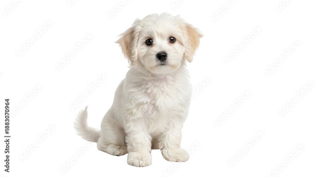 Obraz premium Adorable white fluffy puppy sitting on a clean white background.