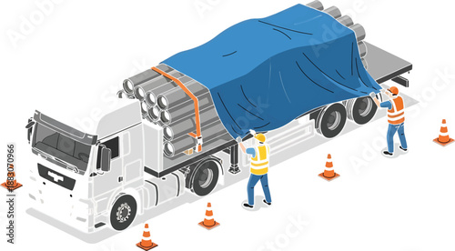 Workers securing large cargo on flatbed truck with blue tarp and orange straps surrounded by traffic cones