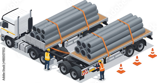 Large truck transports industrial pipes on flatbed trailer with workers nearby