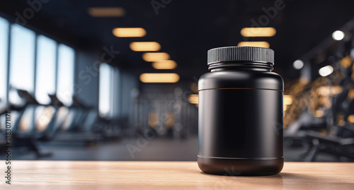 Black supplement bottle on wooden table with blurred modern gym interior, ideal for fitness, nutrition, branding, product display and healthy lifestyle themes.
