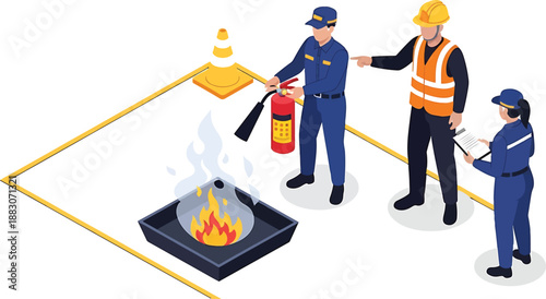 Fire safety training with emergency responders and fire extinguisher in industrial setting