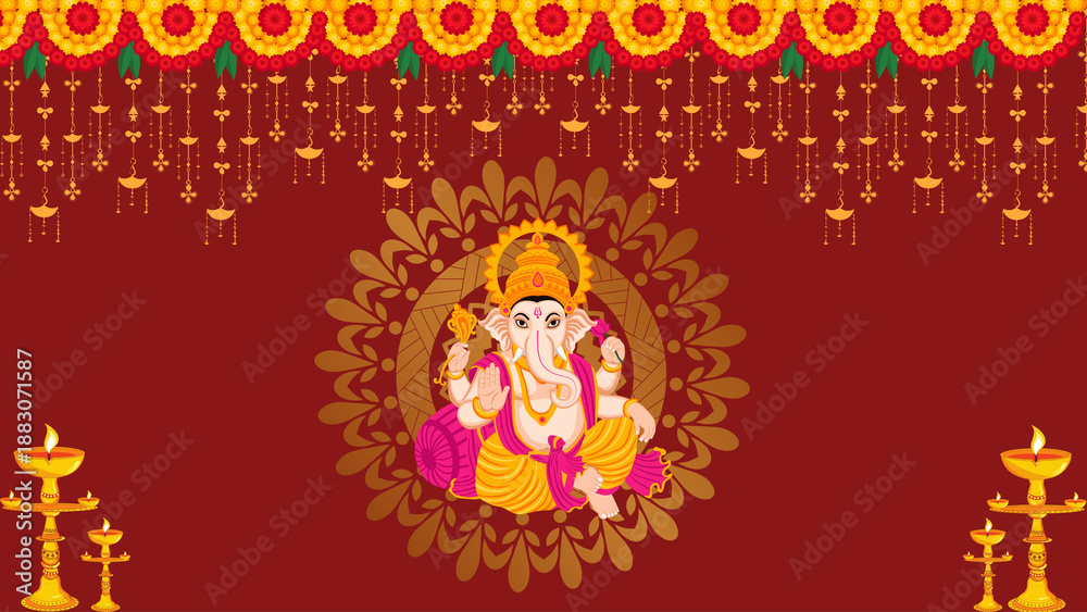 Obraz premium Lord Ganesha Festive Background with Traditional Indian Decorations.
