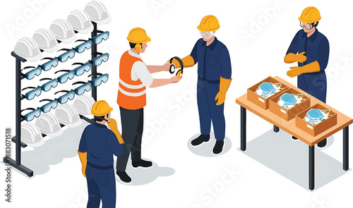 Workers in hard hats interacting and handling equipment at industrial workplace with safety gear