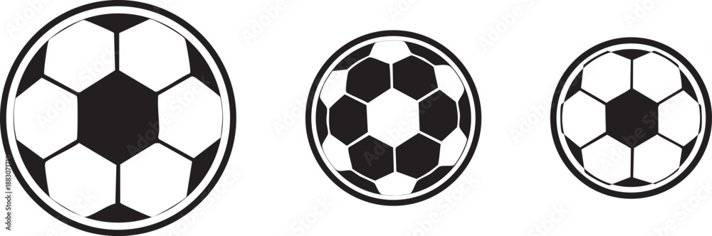 Obraz premium Soccer Ball Icon Set – Football Line Art Symbols in Different Sizes and Styles, Black and White Vector Illustration