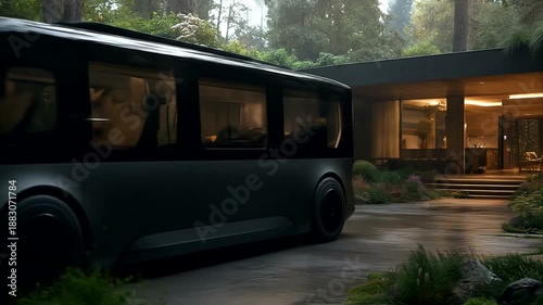 Futuristic Autonomous Bus Arriving at Modern Eco-Friendly Home in Forest.