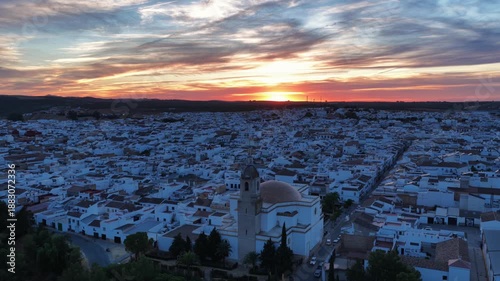 Sunset Over Town With Church Dome, La Puebla De Cazalla, Seville, Spain