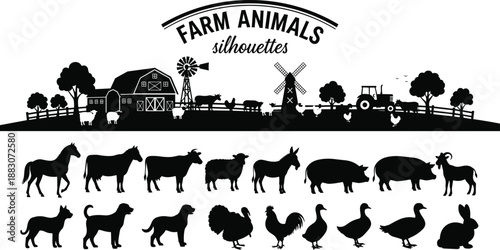 Farm animals silhouette collection, barn countryside scene, livestock vector set, rural farming landscape, black wildlife illustration, isolated white background