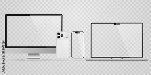 Vector realistic smartphone, laptop, tablet, computer set. Realistic gadget set png. Vector devices with blank empty screen isolated on transparent background.