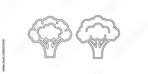 Two stylized broccoli icons simple outline graphic art isolated on white background, healthy food concept, fresh vegetable illustration, vegetarian diet element