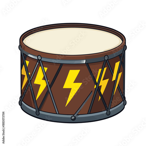 A vibrant snare drum decorated with bold yellow lightning bolt graphics on a brown wooden shell perfect for rock music performances and percussion enthusiasts.
