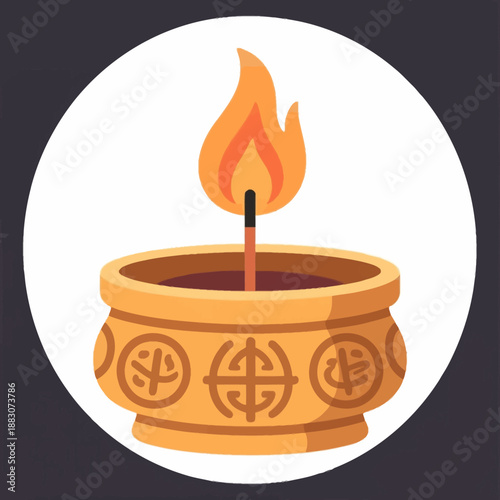 Decorative ceramic bowl containing a burning incense stick and bright orange flame representing spiritual meditation relaxation and traditional cultural rituals.