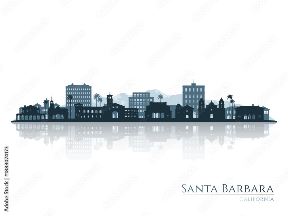 Obraz premium Santa Barbara skyline silhouette with reflection. Landscape Santa Barbara, California. Vector illustration.