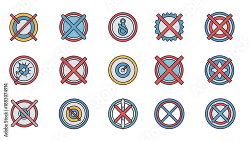 Collection of Prohibition Signs with Red Cross.