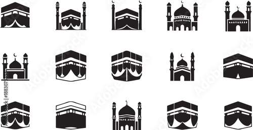 Islamic Holy Site Icon Set Featuring the Kaaba in Mecca and Various Mosque Architecture Silhouettes