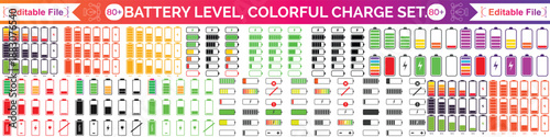 Battery icon set. Battery Full charge indicator or low charge sign. Level battery Energy powerfully full.
