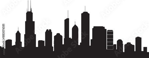Chicago city skyline horizontal banner in black and white silhouette, USA urban vector template for design use.