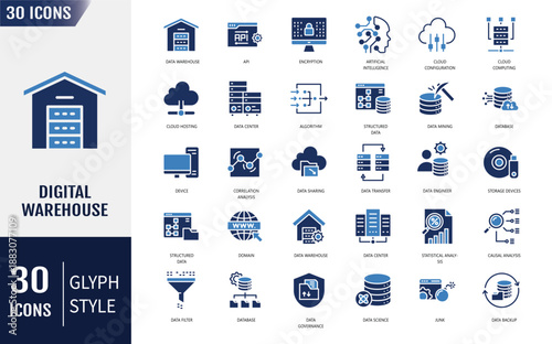 Digital warehouse icon set. Warehouse, storage, inventory, supply, distribution and more. Vector illustration