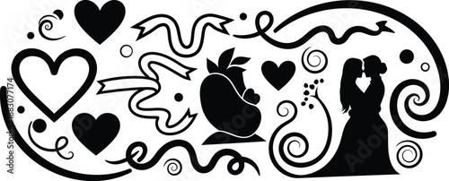 A romantic illustration of a couple surrounded by hearts and swirling designs