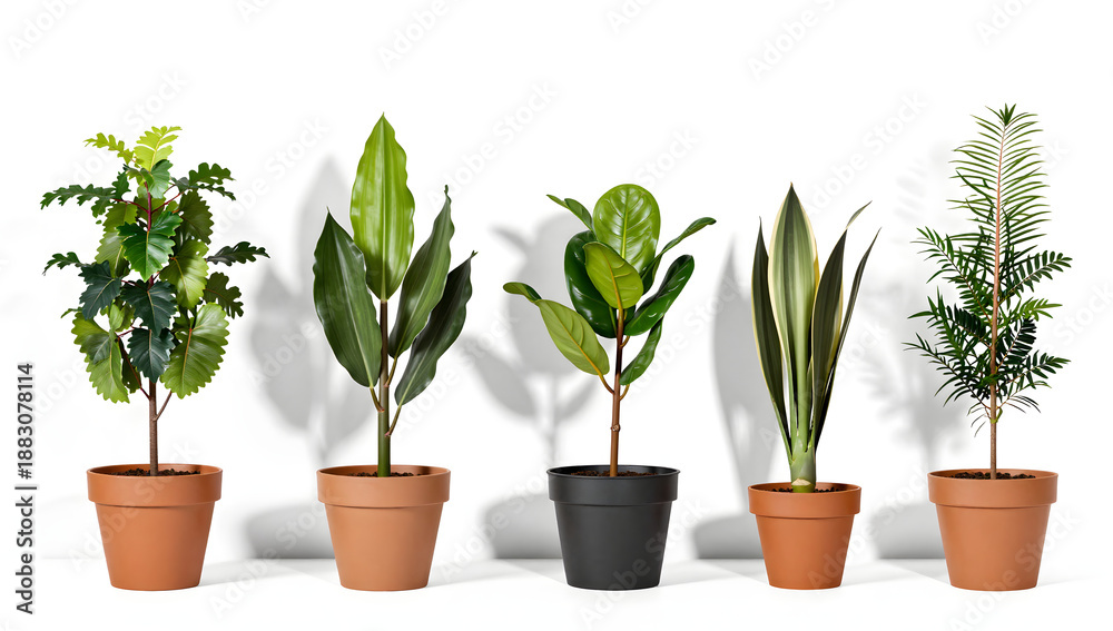 Obraz premium Botanical Showcase: A curated collection of diverse potted plants, each thriving in its own pot. Their vibrant foliage brings a touch of nature indoors, casting intriguing shadows on the backdrop.