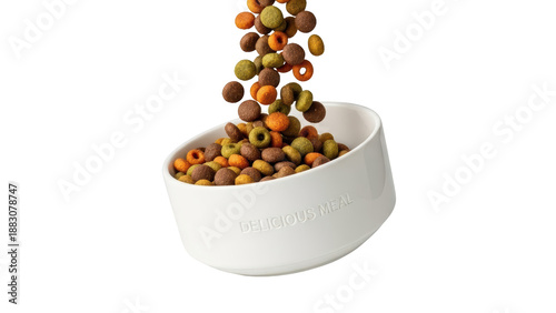 Dry pet food pouring into a white bowl.
