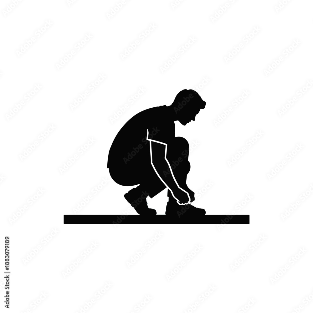 Obraz premium Black silhouette of man tying shoelace. Crouching person fixing shoe vector icon. Male runner preparing for sport isolated glyph illustration