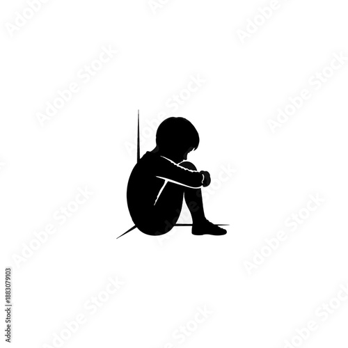 Black silhouette of a child sitting alone in a corner. Sadness, loneliness, and punishment concept. Kid in time-out vector illustration isolated on transparent background
