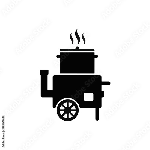 Field kitchen silhouette icon. Military mobile cooking stove with boiling pot. Solid black vector glyph isolated on transparent background