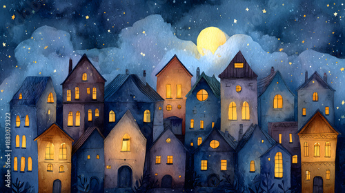 Night Watercolor Village – Cozy Cottagecore Illustration.