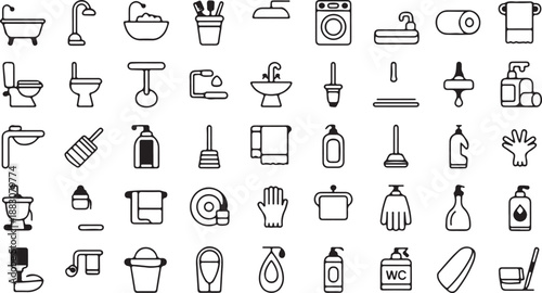Comprehensive collection of minimalist black and white line art icons for bathroom and hygiene related concepts, perfect for web and app design