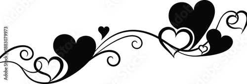 A beautiful black and white illustration of hearts and swirls on a plain background