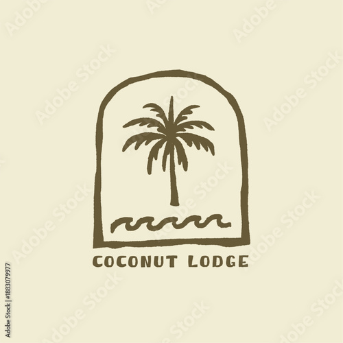 Coconut lodge retro handdrawn vector logo illustration surfer surfing on beach club ocean summer.