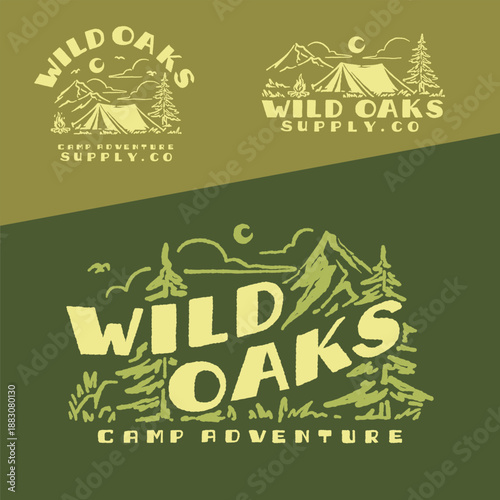 Wild Oaks Retro logo vector illustration camping campfire adventure on mountain forest nature national park. Retro outdoor apparel design supply gear