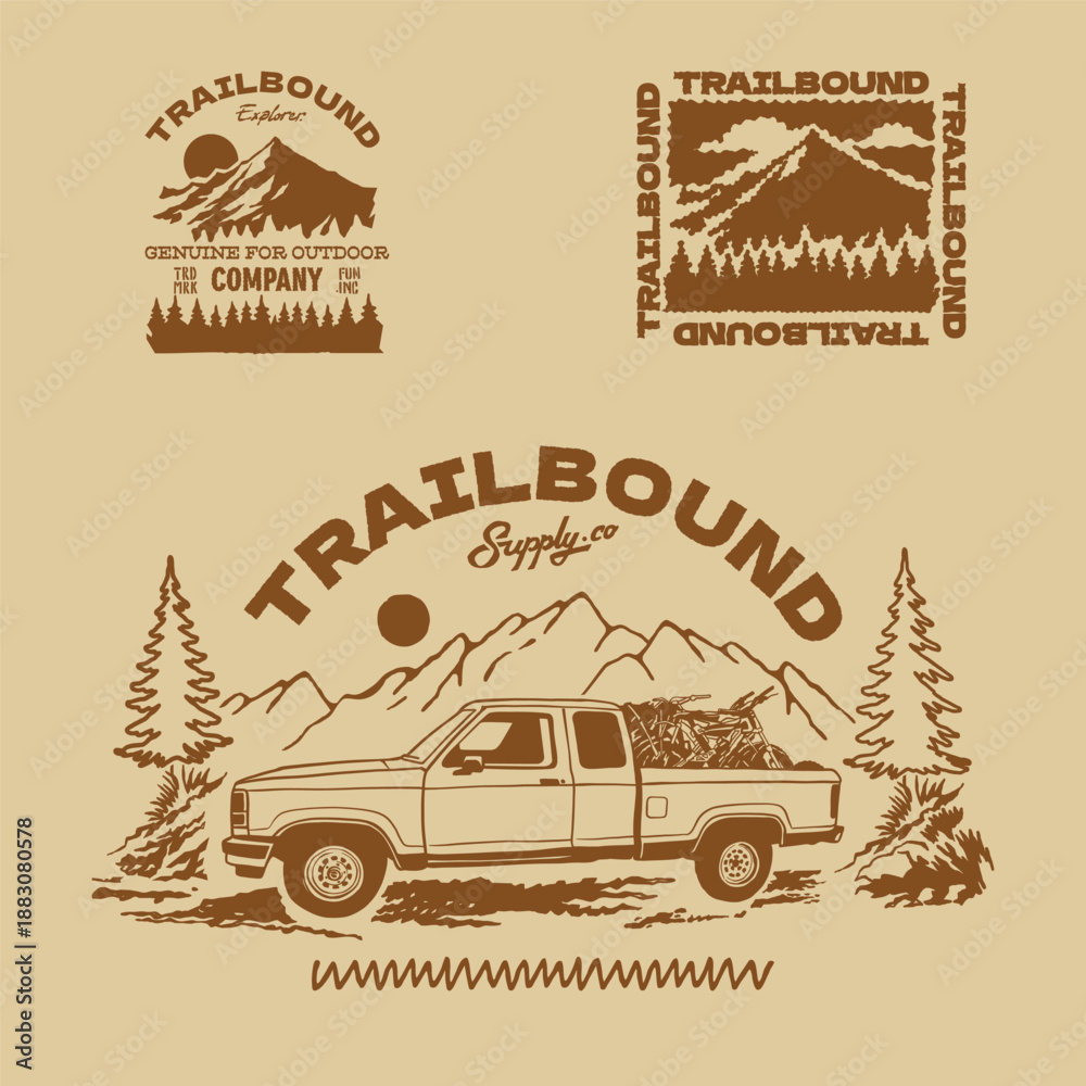 Obraz premium Vintage custom truck trail bike motorcycle track day illustration landscape nature mountain national park. Retro outdoor adventure apparel design
