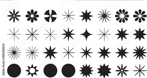 A diverse collection of minimalist geometric star, sunburst, and flower-inspired shapes perfect for decorative design elements and abstract patterns