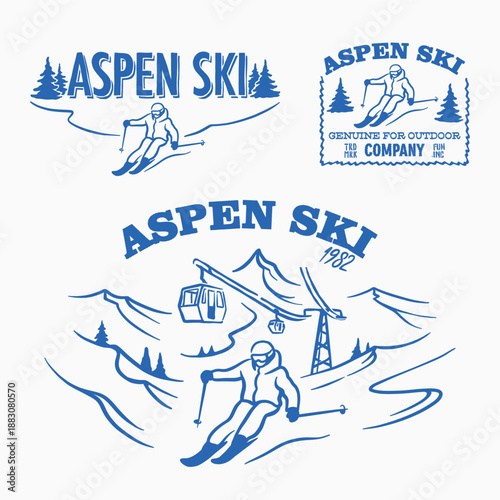 Aspen Ski hand drawn retro logo vector illustration skier adventure on mountain snow nature national park. Vintage outdoor apparel design