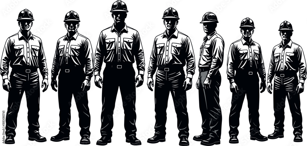 Fototapeta premium Industrial worker silhouettes wearing safety helmets, construction labor team lineup, factory workforce illustration, professional manual workers concept set