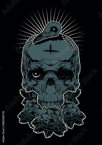 Human Skull on Roses with a Crow skull on top Illustration.