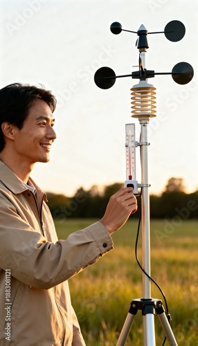 Man in field checks weather station with anemometer, thermometer, and rain gauge